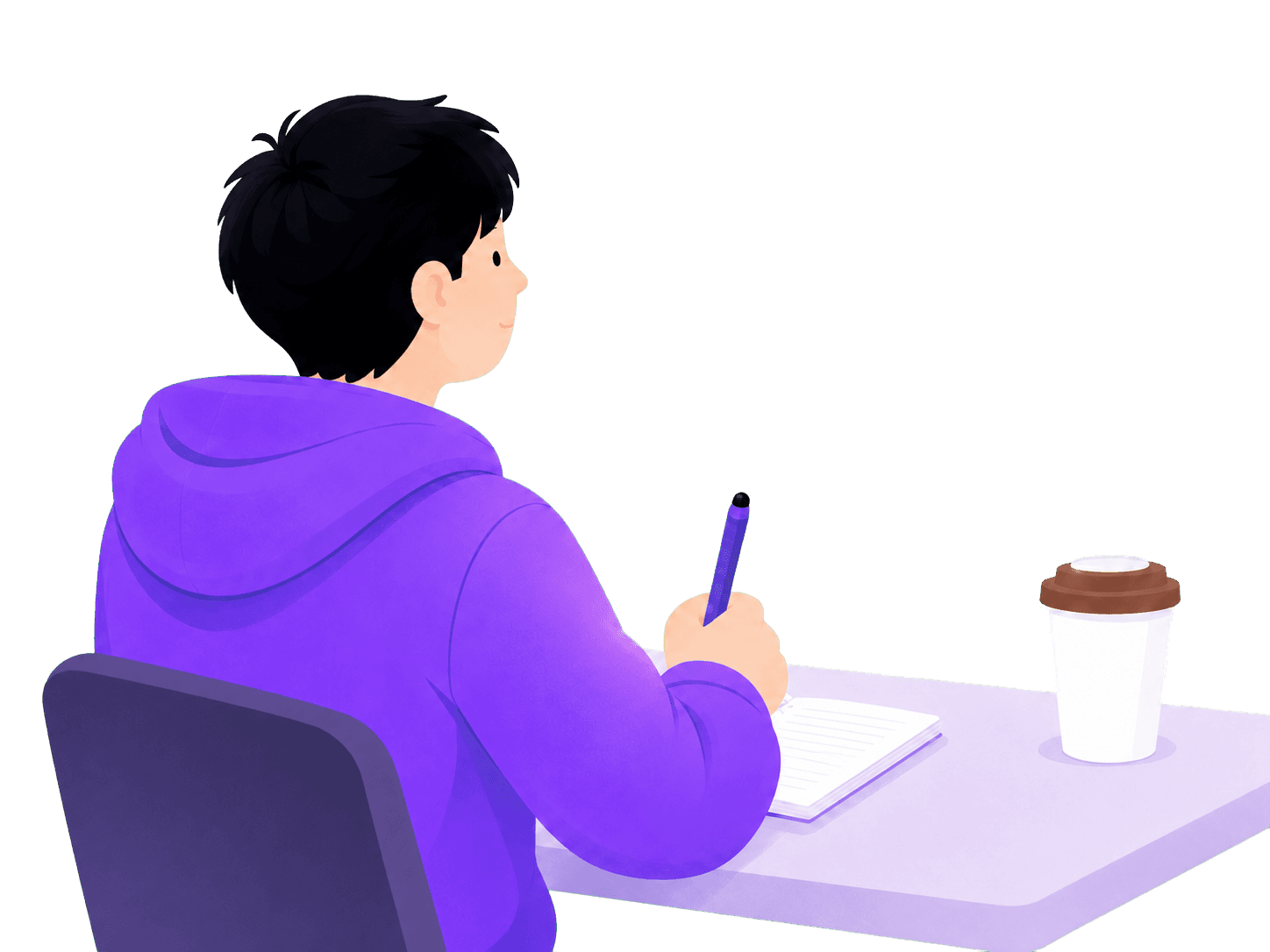 ノートに英語の3文を書いている学習者